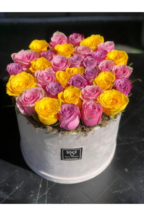 Sarı ve Pembe Karışık Gül Kutusu