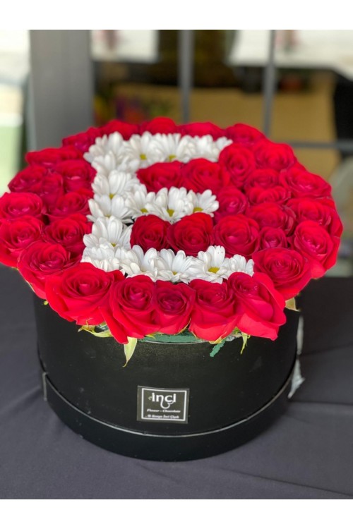 E Harfli Kırmızı Gül Kutusu